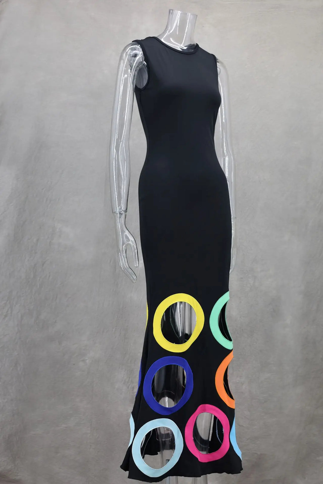 Summer O Neck Sleeveless Patchwork High Waist A Line Party Dresses For Women Black Colorful Hollow Out Maxi Dress