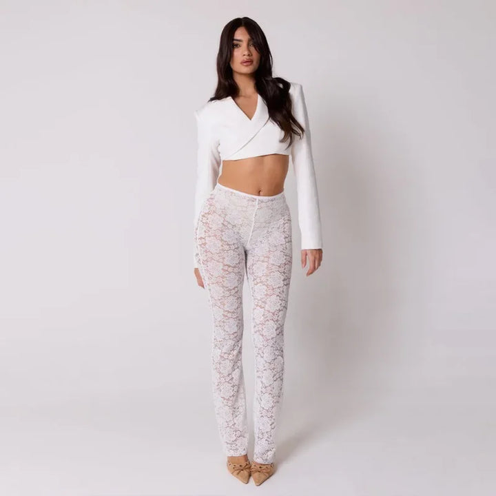 Elegant High Waisted Flared Pants See Through Lace Pants White Black Summer 2024 Women Fashion Clothes