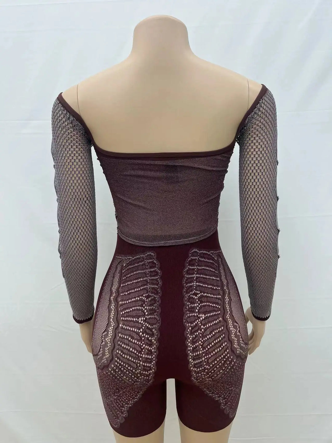 Summer Thin Off SHoulder Full Sleeve Hollow Top+Elastic Matching Shorts Mesh Patchwork 2 Piece Set Sheer New Clubwear