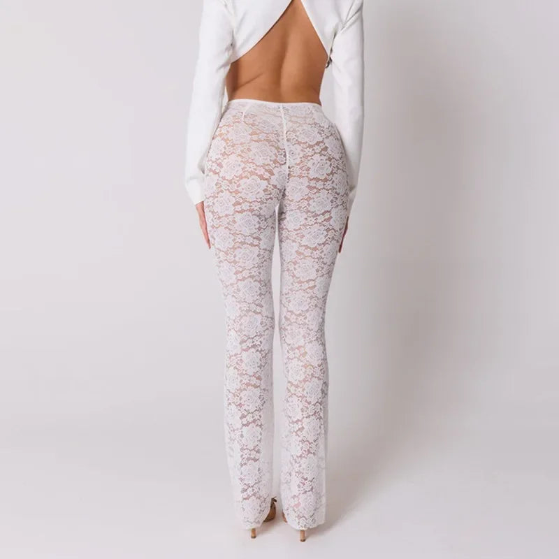 Elegant High Waisted Flared Pants See Through Lace Pants White Black Summer 2024 Women Fashion Clothes