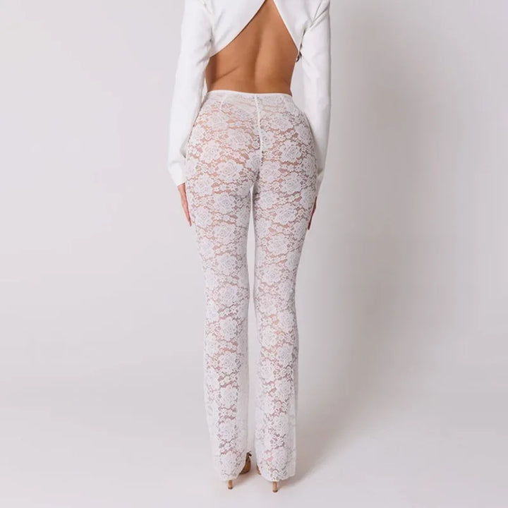 Elegant High Waisted Flared Pants See Through Lace Pants White Black Summer 2024 Women Fashion Clothes
