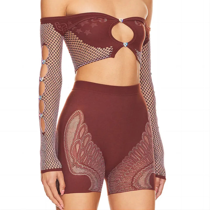 Summer Thin Off SHoulder Full Sleeve Hollow Top+Elastic Matching Shorts Mesh Patchwork 2 Piece Set Sheer New Clubwear