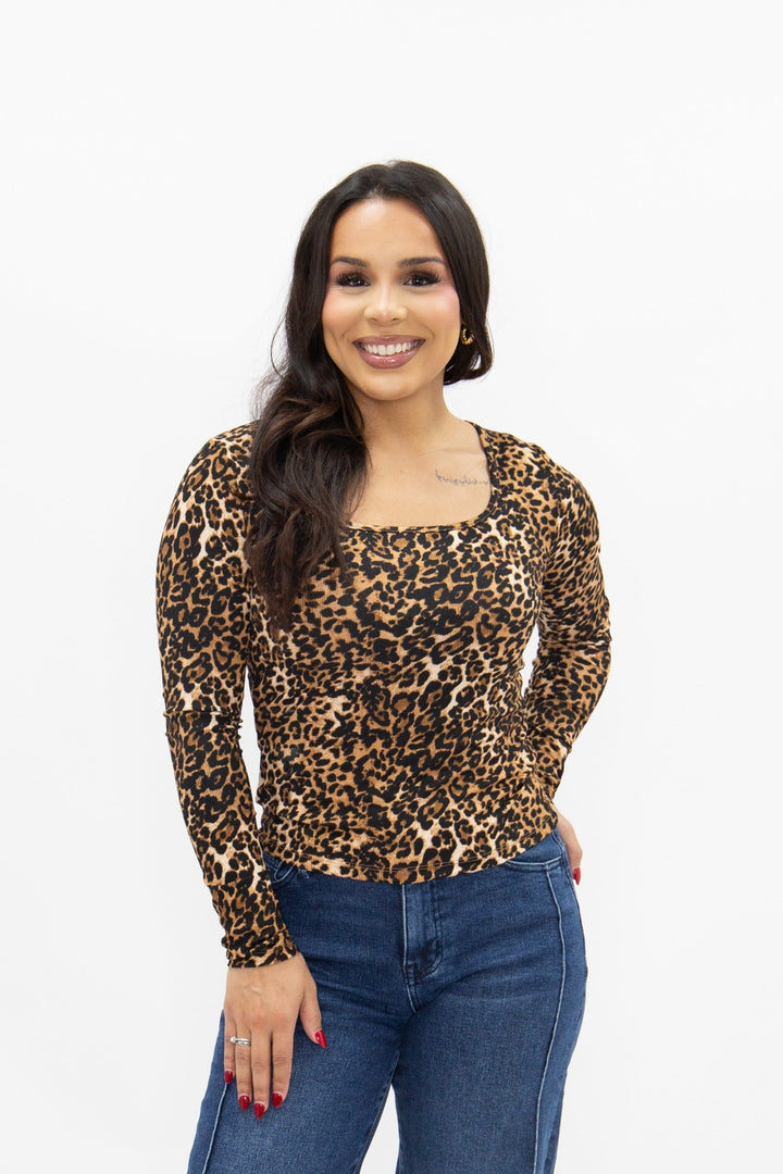 Square Neck Long Sleeve Top, Leopard