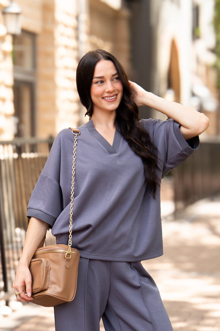 Butter Soft V-Neck Top, Slate Blue