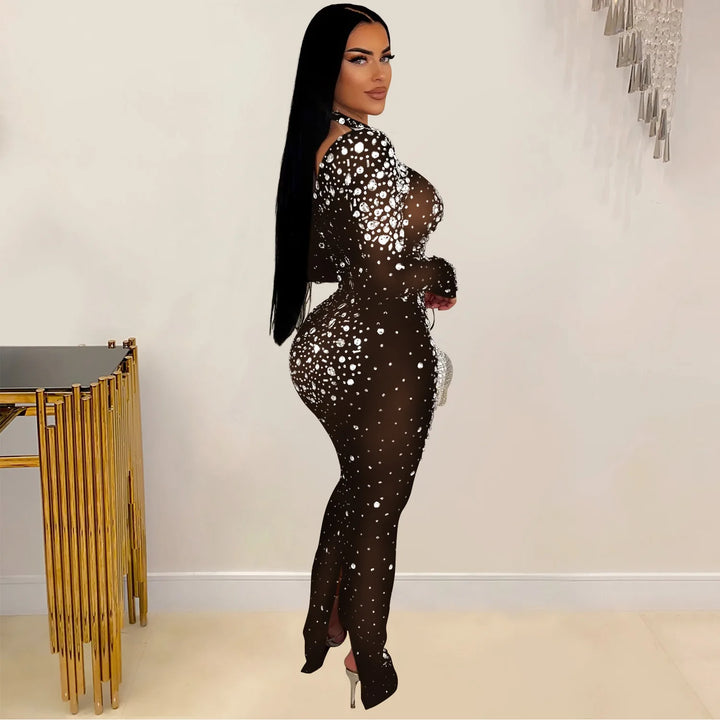 Glam See-Through Mesh Crystal Night Out Dress Birthday Outfits Vestido Women's Silver Rhinestones Long Maxi Dress