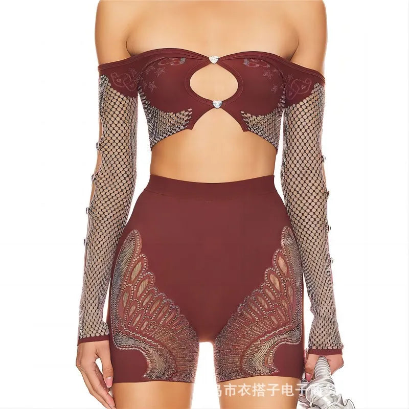 Summer Thin Off SHoulder Full Sleeve Hollow Top+Elastic Matching Shorts Mesh Patchwork 2 Piece Set Sheer New Clubwear