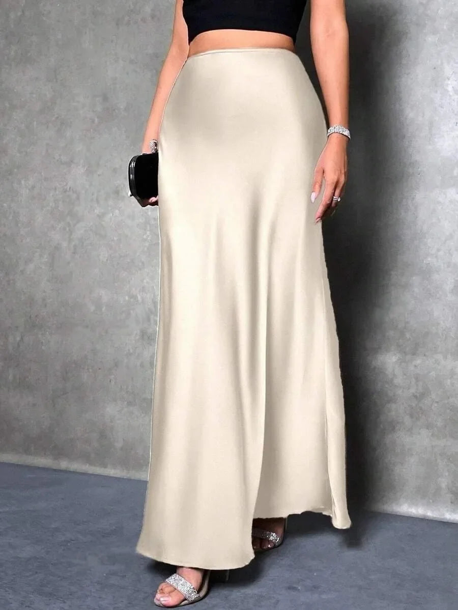 Satin Skirt Autumn Winter Simple A line Long Skirt Women Clothing
