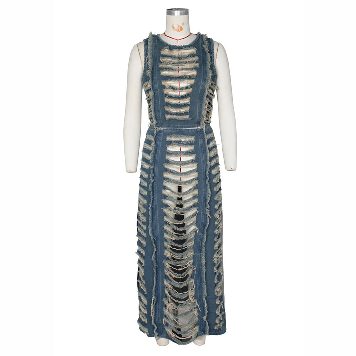 Women Sleeveless Crop Tank Tops and Split Side Maxi Skirt Streetwear Outfits Elegant Ripped Hole Denim Two 2 Piece Dress