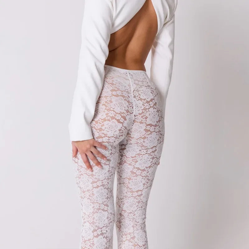 Elegant High Waisted Flared Pants See Through Lace Pants White Black Summer 2024 Women Fashion Clothes