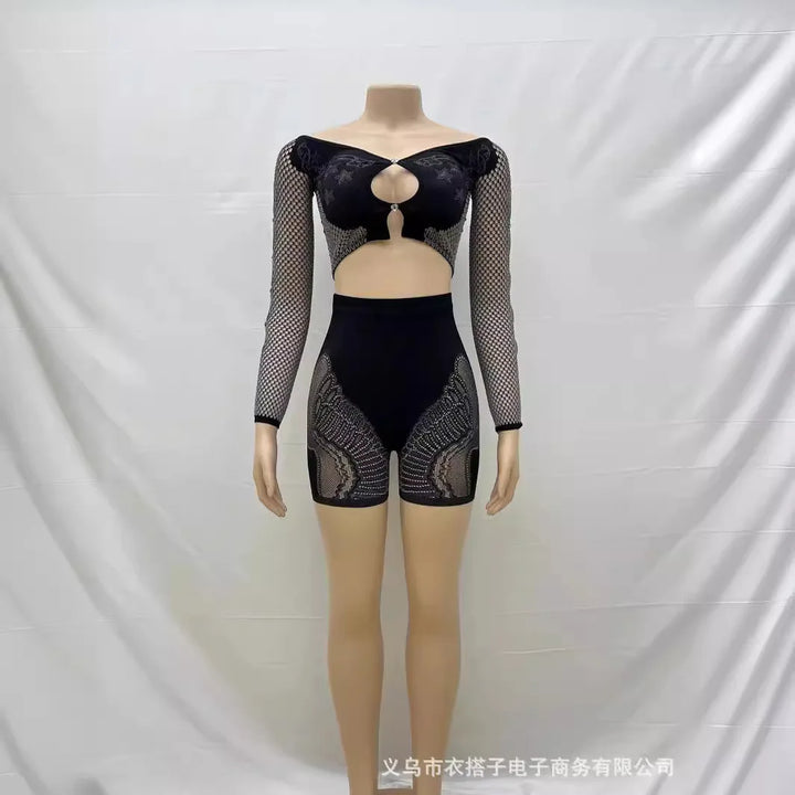 Summer Thin Off SHoulder Full Sleeve Hollow Top+Elastic Matching Shorts Mesh Patchwork 2 Piece Set Sheer New Clubwear