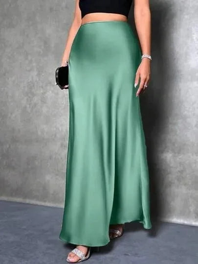 Satin Skirt Autumn Winter Simple A line Long Skirt Women Clothing