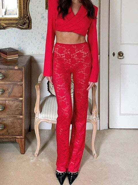 Elegant High Waisted Flared Pants See Through Lace Pants White Black Summer 2024 Women Fashion Clothes