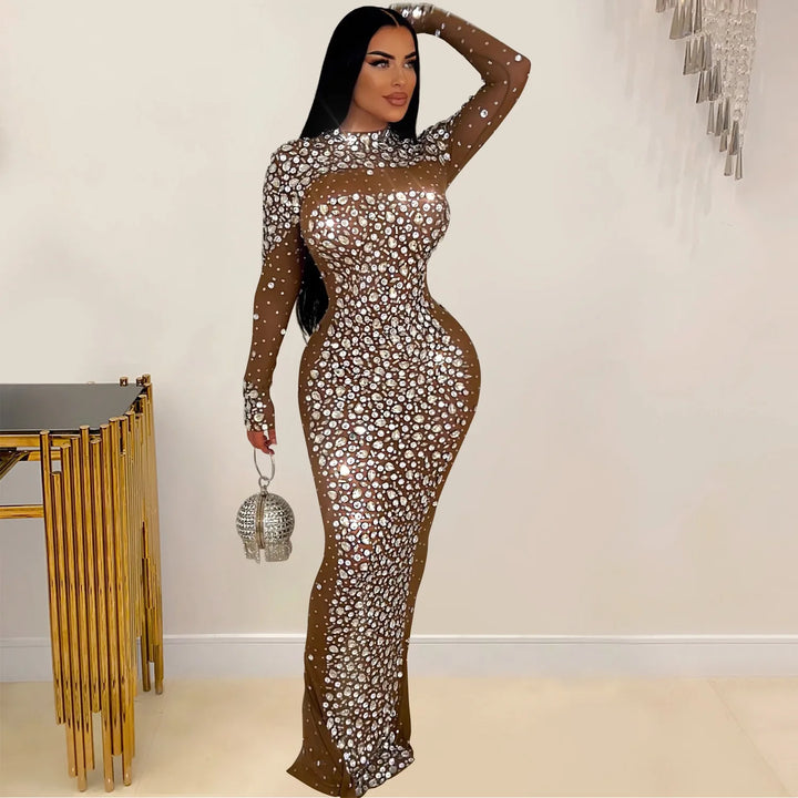 Glam See-Through Mesh Crystal Night Out Dress Birthday Outfits Vestido Women's Silver Rhinestones Long Maxi Dress
