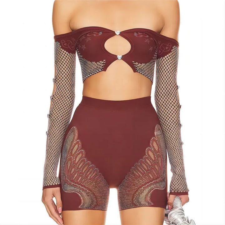 Summer Thin Off SHoulder Full Sleeve Hollow Top+Elastic Matching Shorts Mesh Patchwork 2 Piece Set Sheer New Clubwear