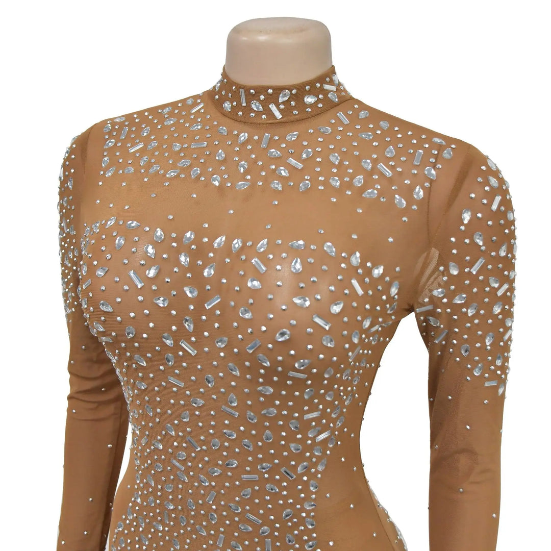 Glam See-Through Mesh Crystal Night Out Dress Birthday Outfits Vestido Women's Silver Rhinestones Long Maxi Dress