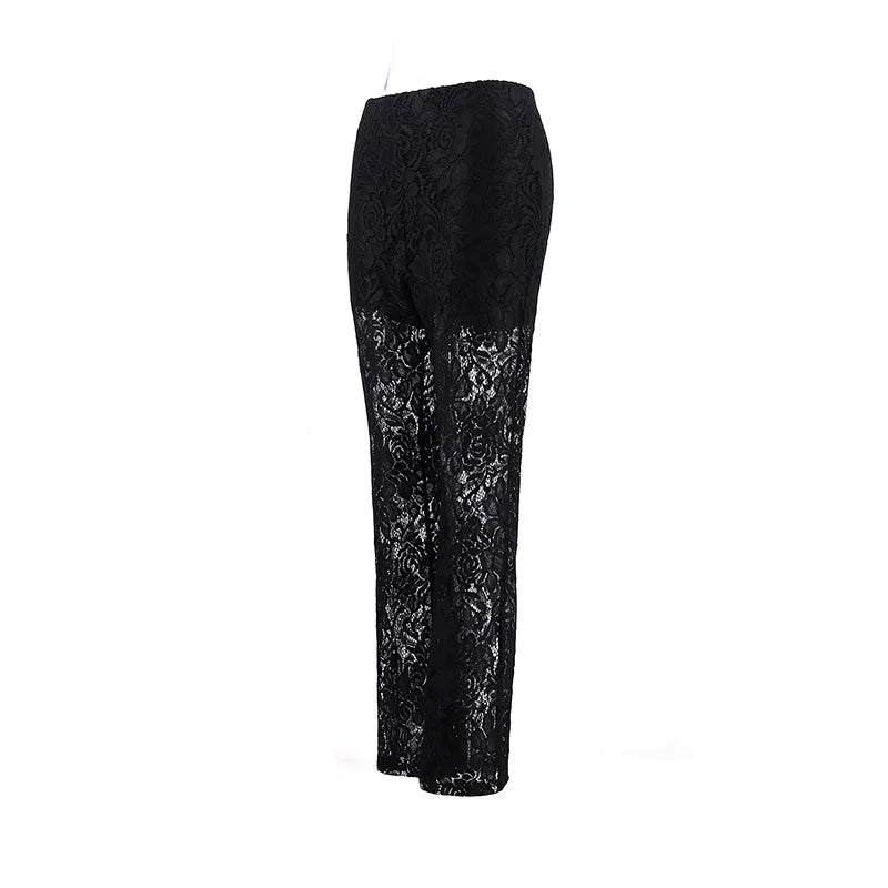 High Waist Pants Ladies Sexy Beach Cover Up Trousers Flare Pants New Black White Lace Sheer Wide Leg Pants