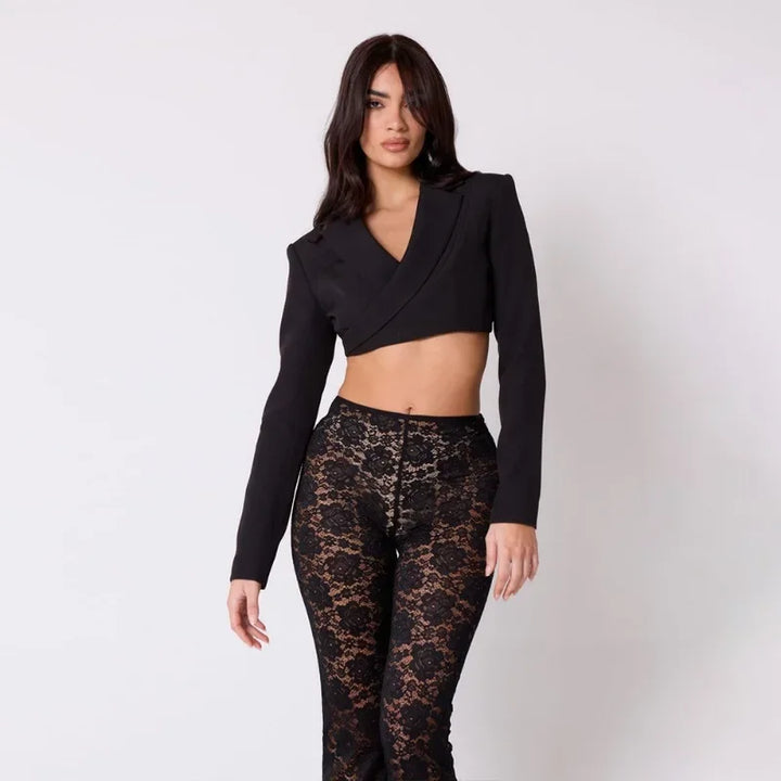 Elegant High Waisted Flared Pants See Through Lace Pants White Black Summer 2024 Women Fashion Clothes