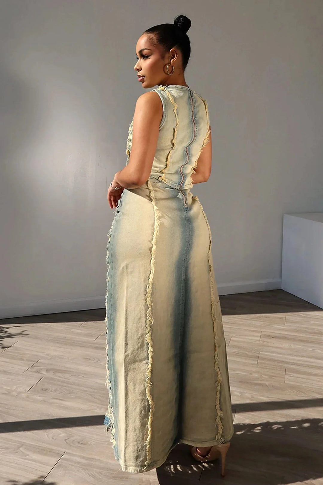 Women Sleeveless Crop Tank Tops and Split Side Maxi Skirt Streetwear Outfits Elegant Ripped Hole Denim Two 2 Piece Dress