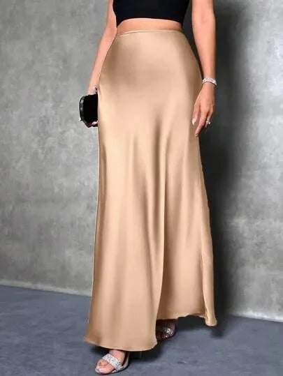 Satin Skirt Autumn Winter Simple A line Long Skirt Women Clothing