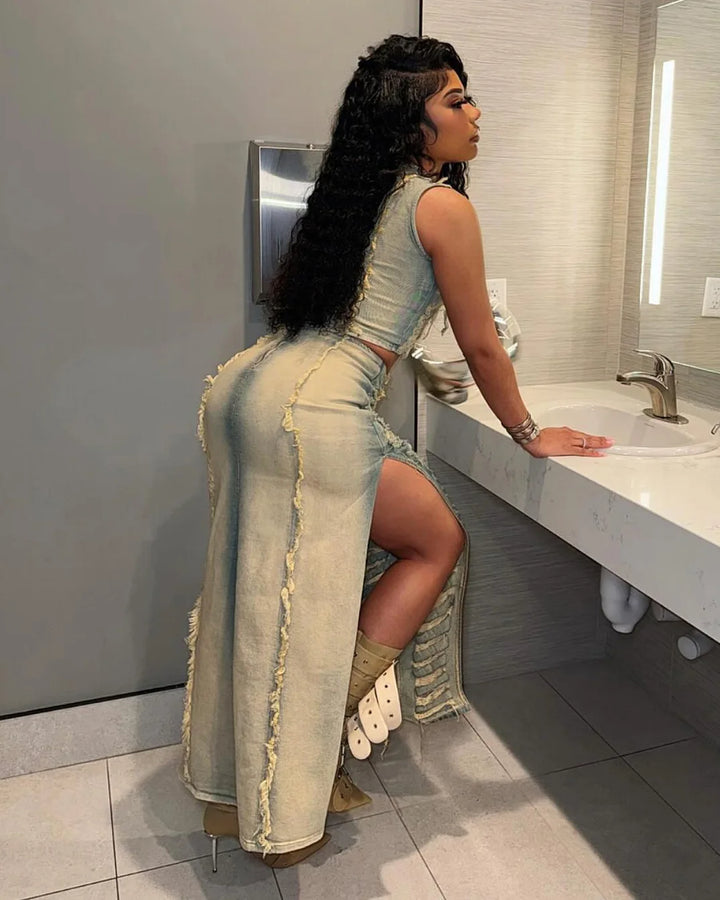 Women Sleeveless Crop Tank Tops and Split Side Maxi Skirt Streetwear Outfits Elegant Ripped Hole Denim Two 2 Piece Dress