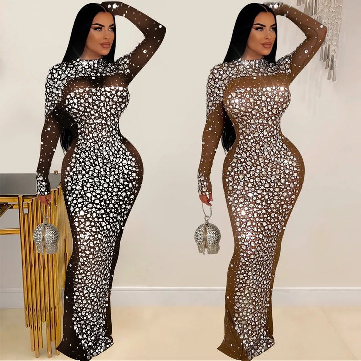 Glam See-Through Mesh Crystal Night Out Dress Birthday Outfits Vestido Women's Silver Rhinestones Long Maxi Dress