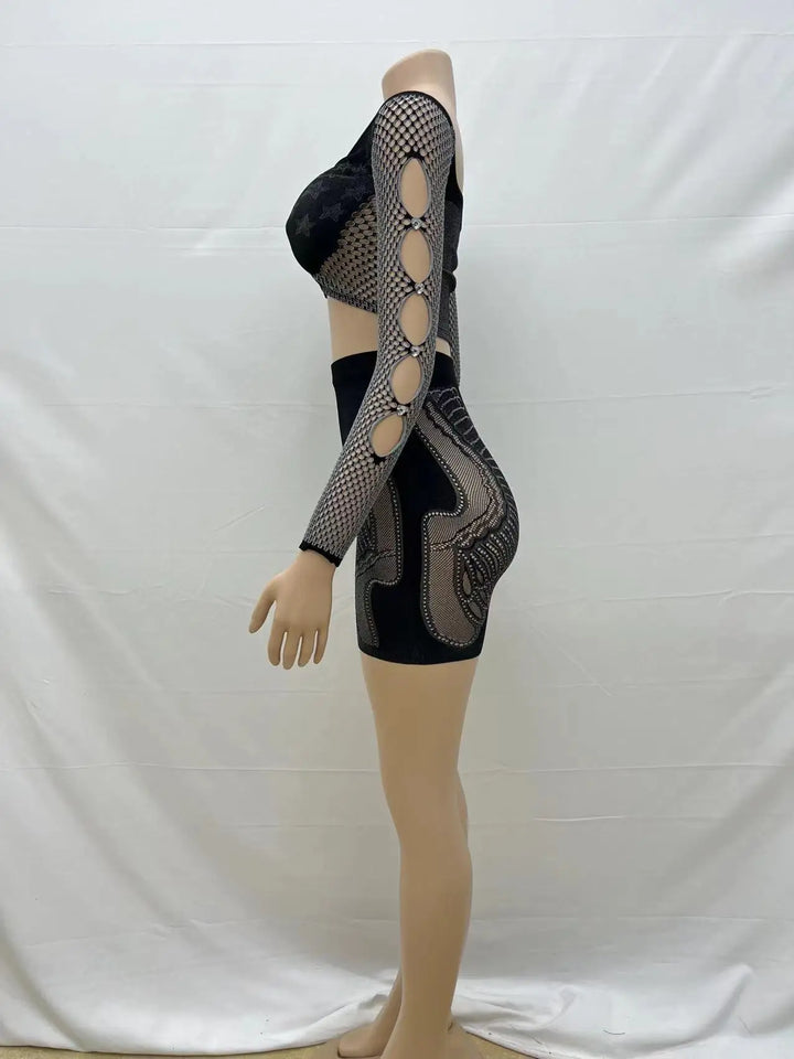 Summer Thin Off SHoulder Full Sleeve Hollow Top+Elastic Matching Shorts Mesh Patchwork 2 Piece Set Sheer New Clubwear