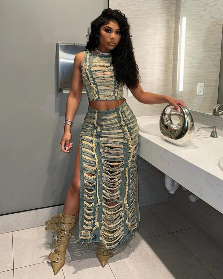 Women Sleeveless Crop Tank Tops and Split Side Maxi Skirt Streetwear Outfits Elegant Ripped Hole Denim Two 2 Piece Dress