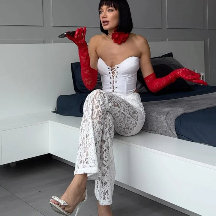 High Waist Pants Ladies Sexy Beach Cover Up Trousers Flare Pants New Black White Lace Sheer Wide Leg Pants