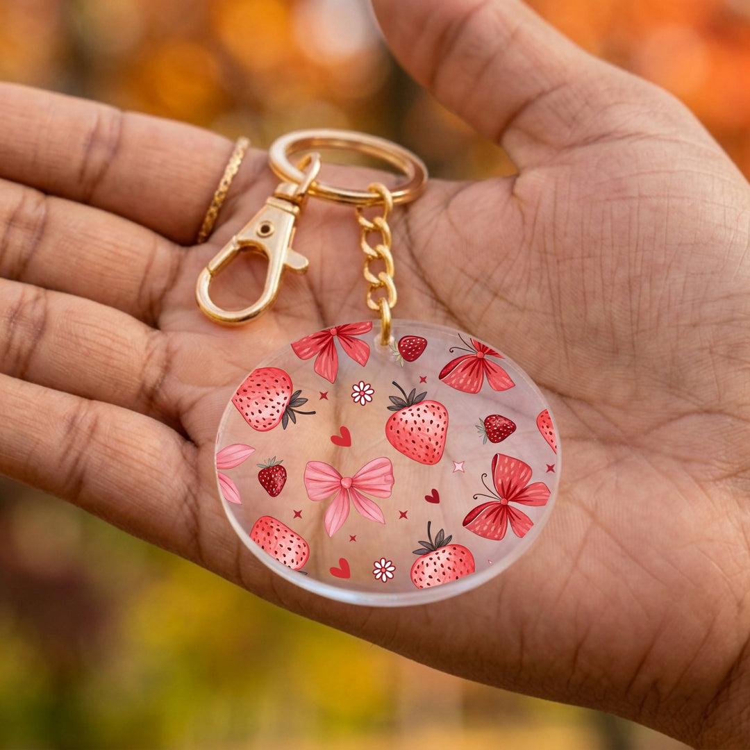 Strawberry Coquette Bows Acrylic Keychain with Charm