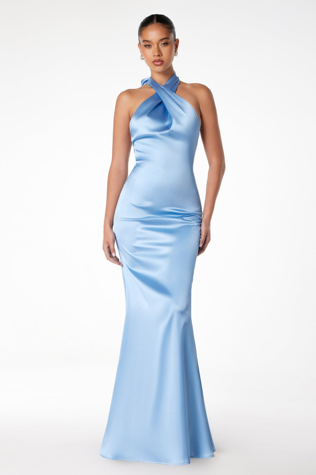 Astee T2005 Fitted Sleek Twisted Halter Top Satin Mermaid Gown