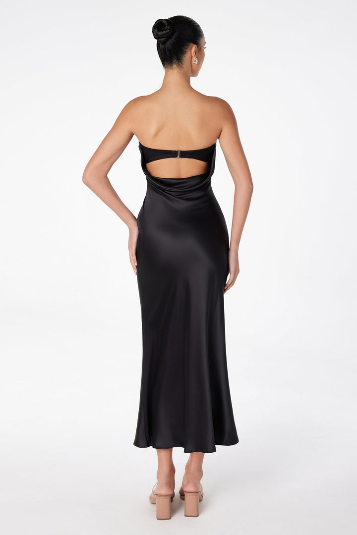 Astee T2006 Tea Length Satin Dress Cut Out Cowl-Like Back