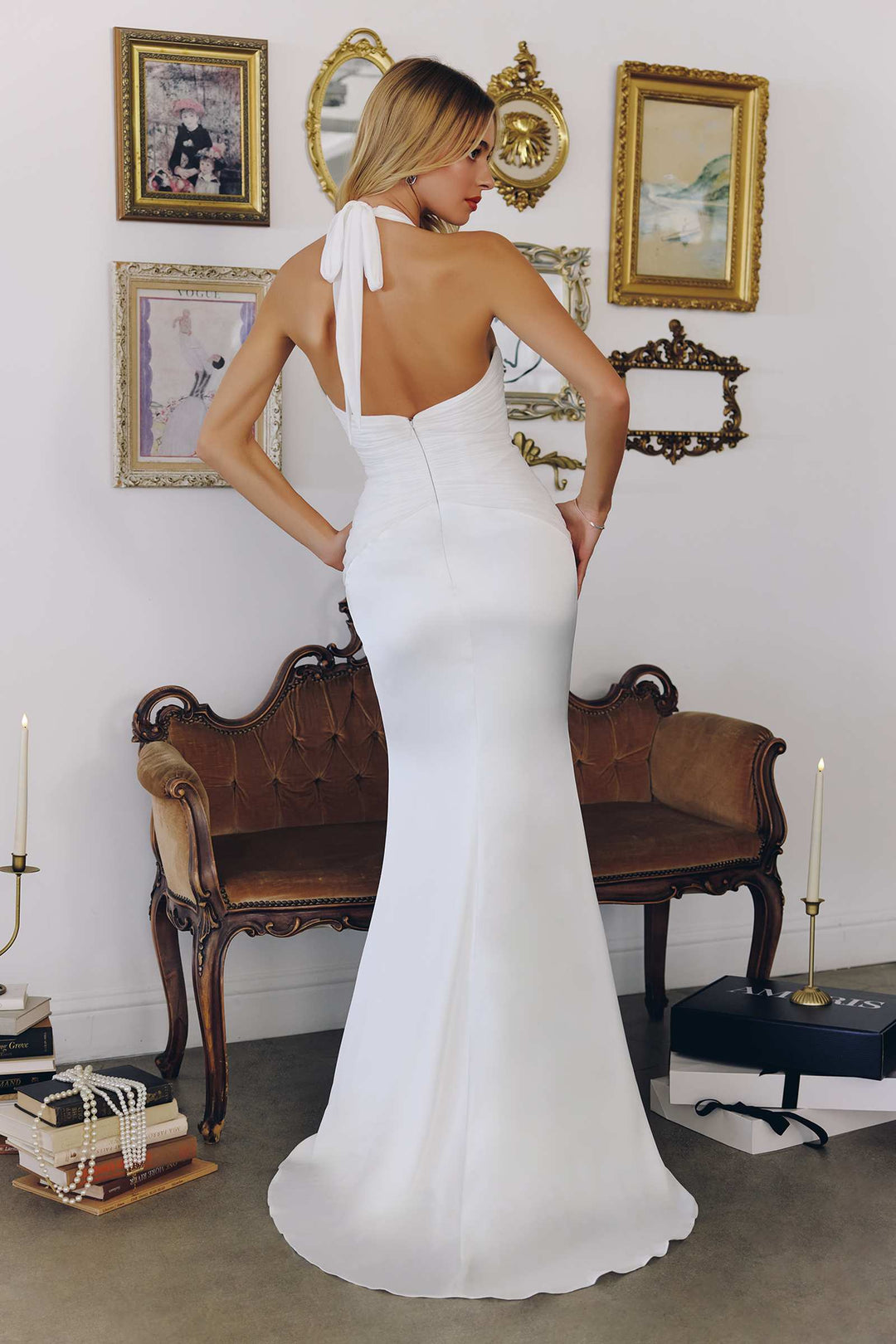 Amoris T720W Halter Satin Sleek Floor Length Satin Bridal Gown