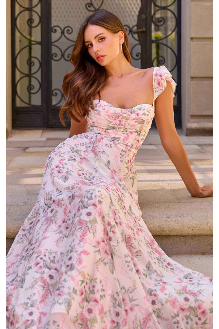 Amoris T749 Soft Flutter Sleeves Floral Chiffon A-Line Dress