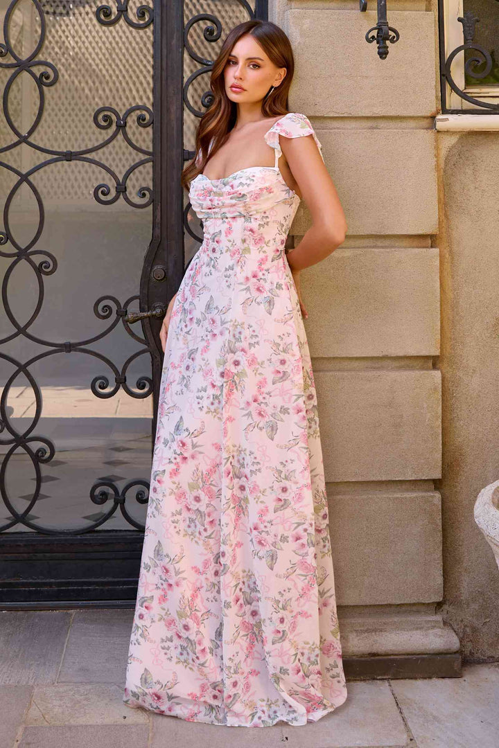Amoris T749 Soft Flutter Sleeves Floral Chiffon A-Line Dress