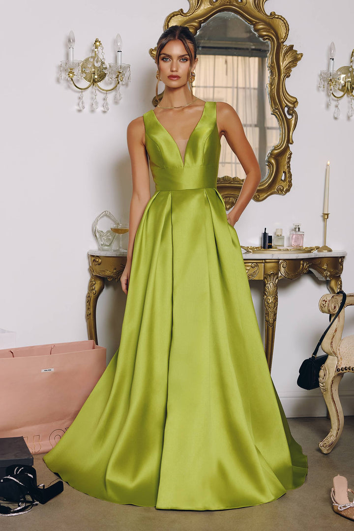 Amoris T814 Long V-Neckline A-Line Satin Dress with Pockets