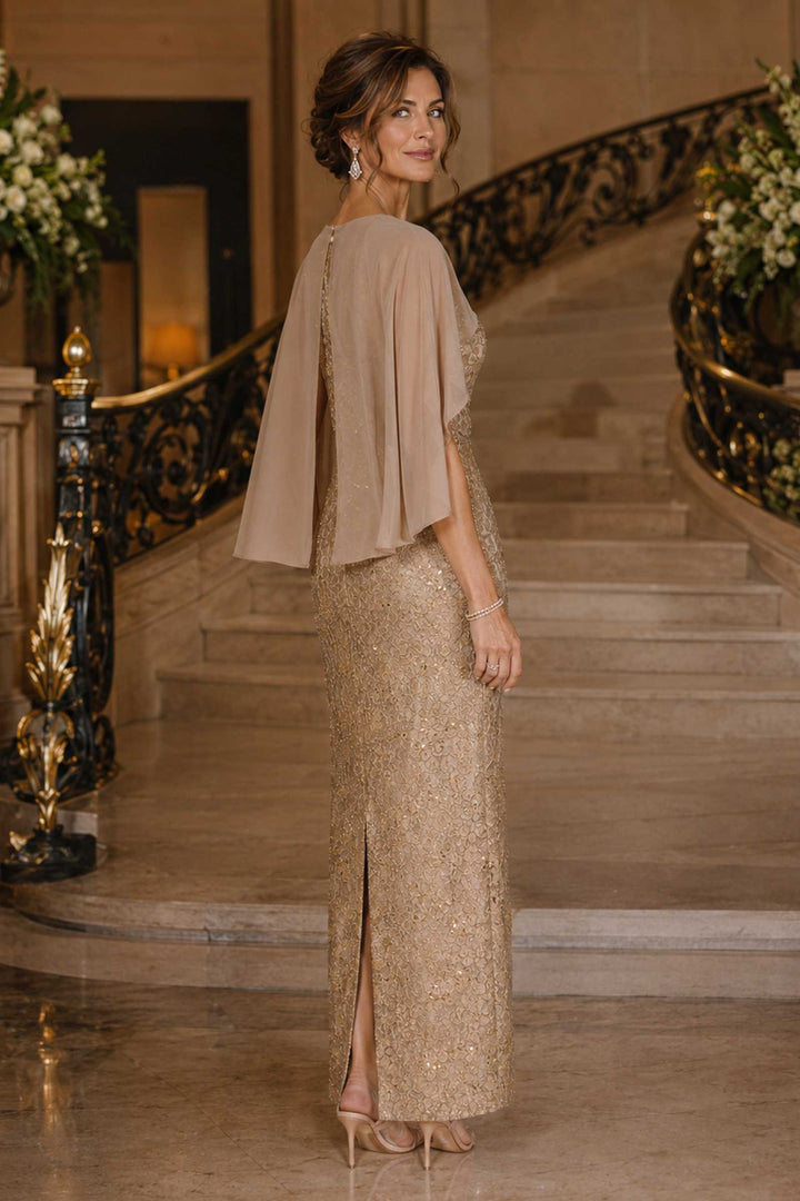 Amoris T906 Sequin Lace Gown Detachable Sheer Cape Overlay