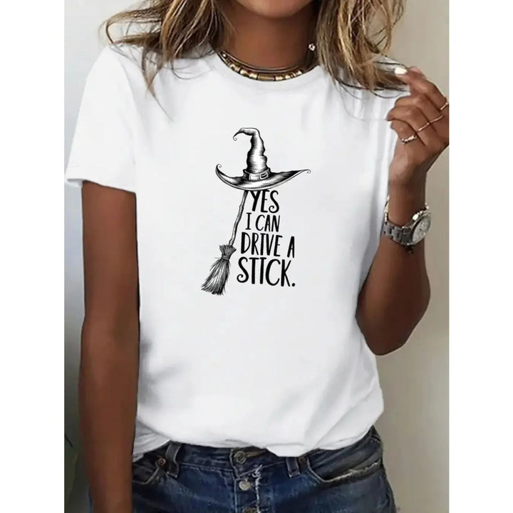 "Yes I Can Drive a Stick" Witch T-Shirt - Funny Halloween Graphic Tee, Women's All-Season Apparel