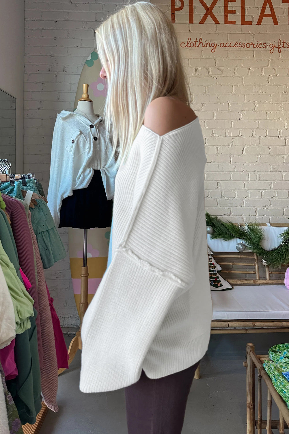 White Asymmetric Neck Drop Shoulder Baggy Slouchy Sweater