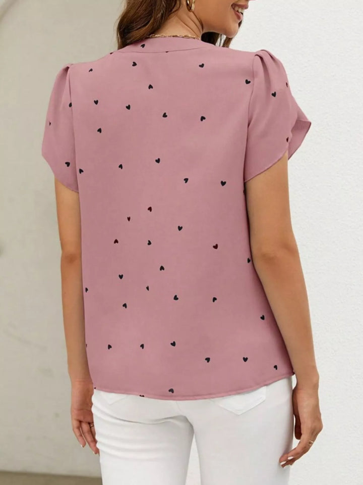 Heart Print Petal Sleeve Blouse
