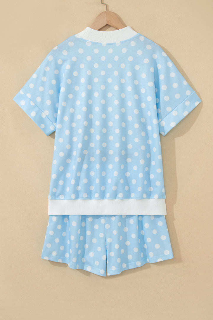 Sky Blue Polka Dot Print Color Block Trim Mock Neck Short Set