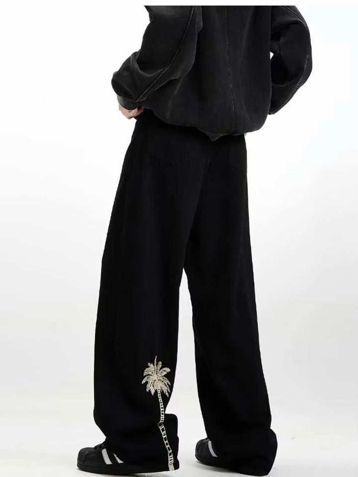 Men's Embroidered Palm Tree Wide Leg Jeans