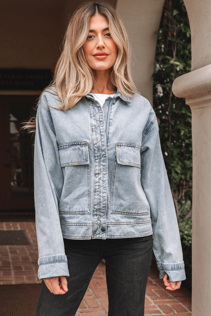 Beau Blue Street Style Zip Up Washed Denim Jacket
