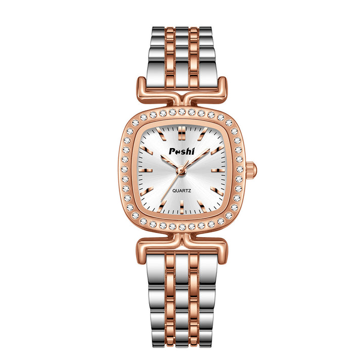 Diamond-encrusted Dial Oval-shaped Steel Bracelet Quartz Womens Watch