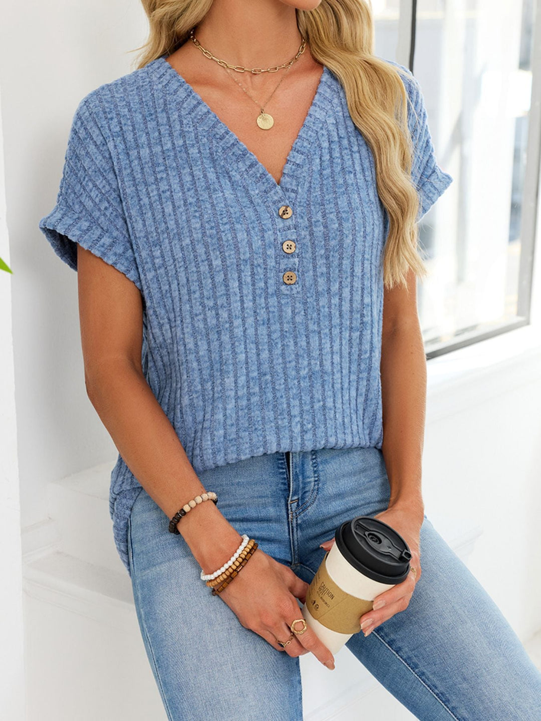 Ribbed Knit V-Neck T-Shirt