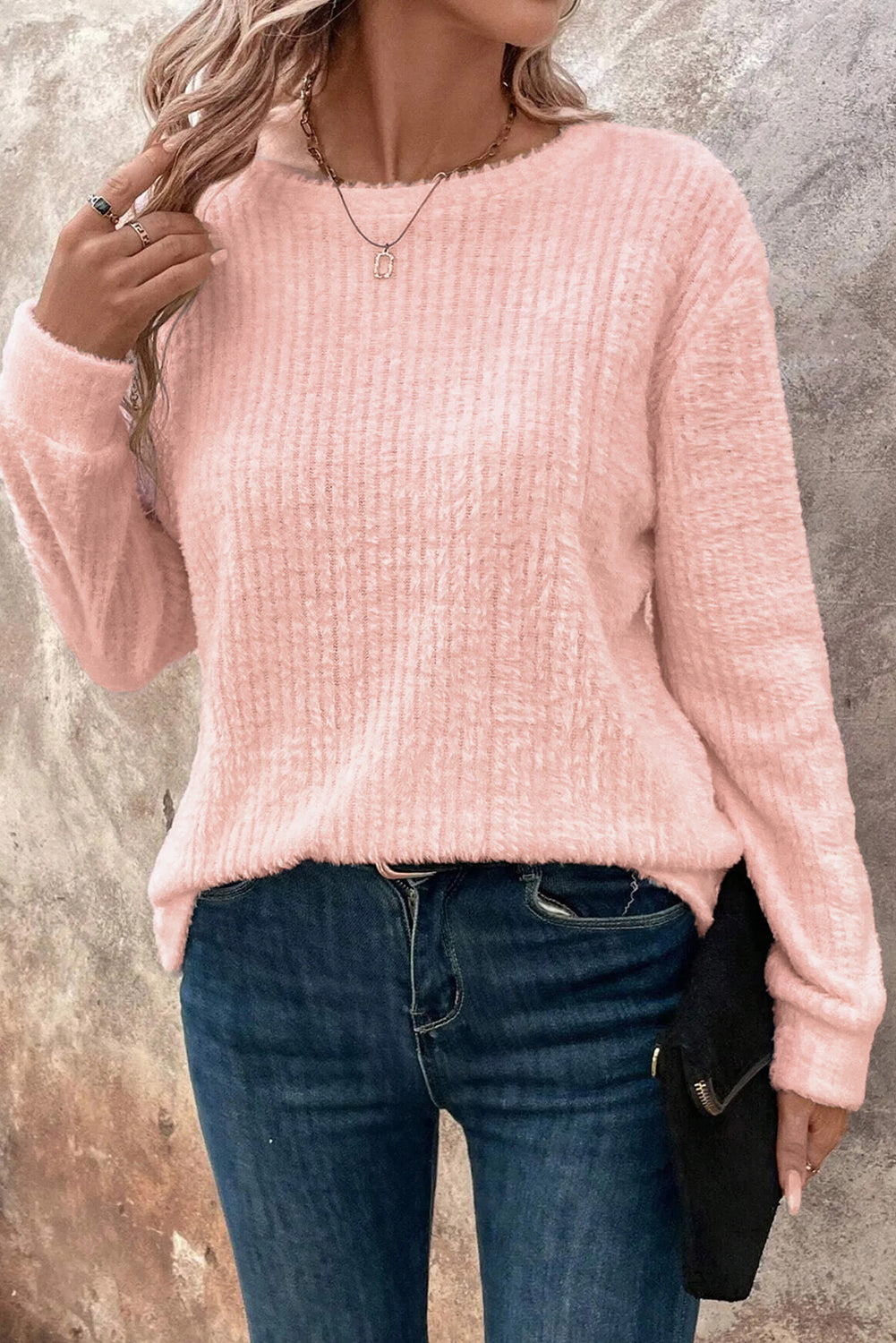 Light Pink Fuzzy Ribbed Texture Round Neck Long Sleeve Top