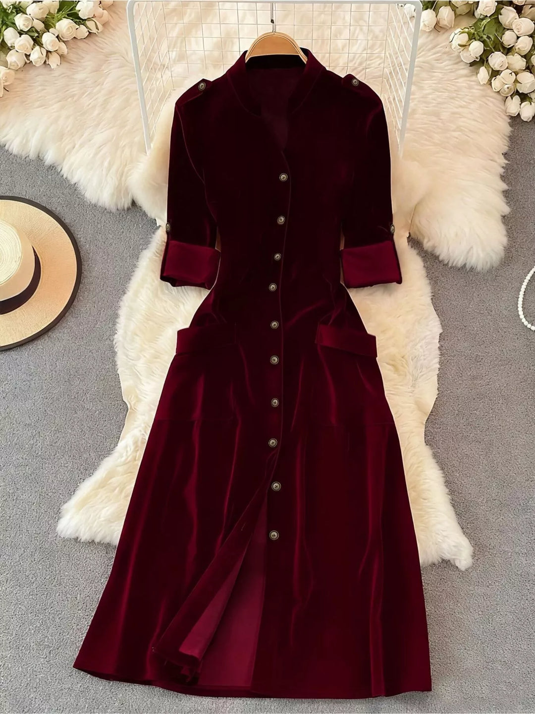 Velvet Button-Down Midi Dress