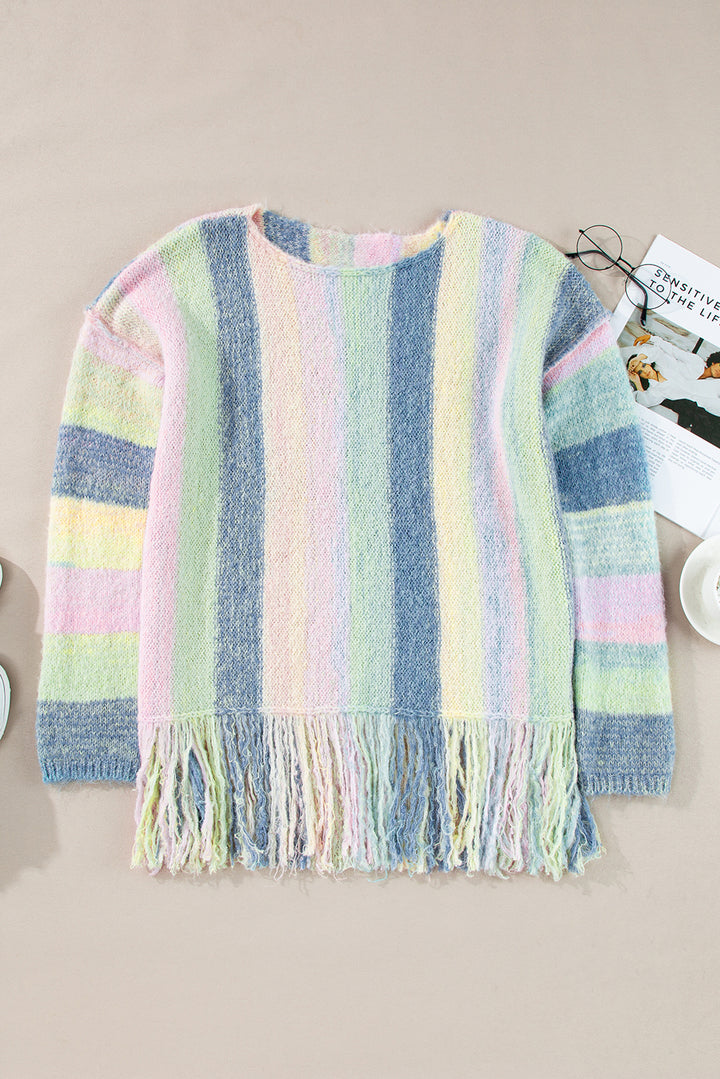 Purple Color Block Fringed Drop Shoulder Tunic Sweater