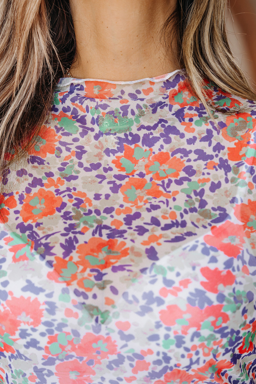 Blue Slim Fit Floral Mesh Long Sleeve Mock Neck Top
