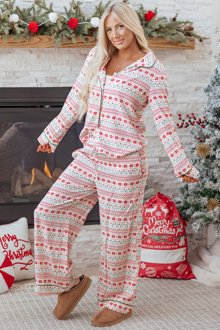 White Christmas Pattern Print Shirt Style Long 2pcs Pajama Set