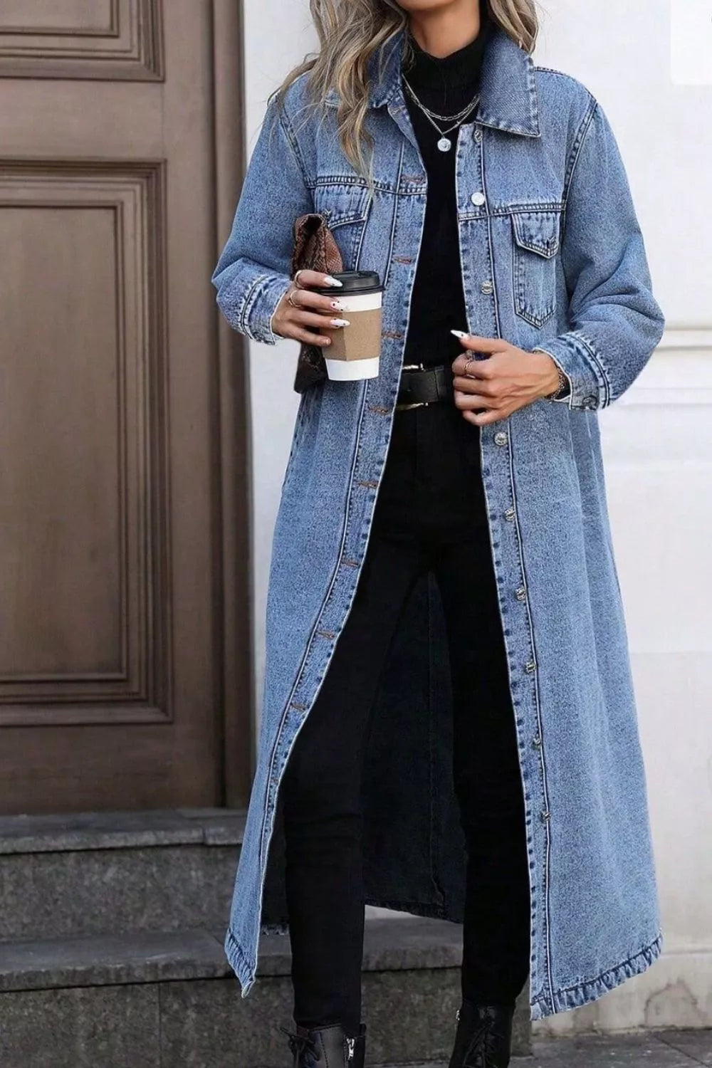 Longline Button-Down Denim Jacket